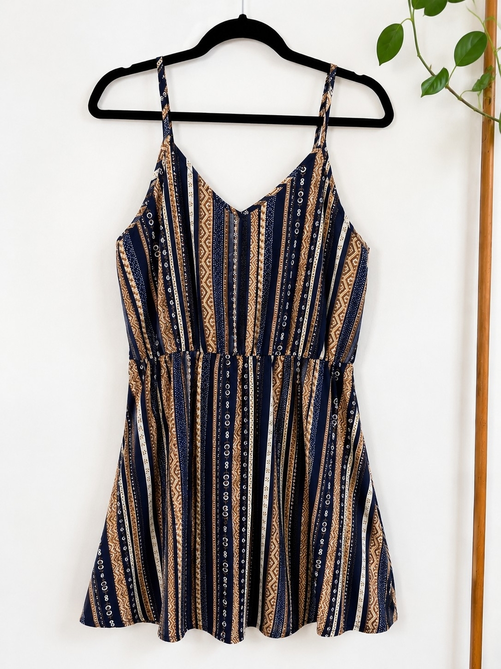 Sleeveless V-Neck Striped Summer Dress in Navy and Tan